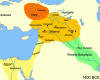 M. . 1400 yılında Mitanni Krallığının sınırlarının en geniş olduğu dnemdeki haritası.