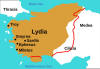 MÖ 6. yy'da Croesus yönetimindeki son egemenlik döneminde Lidya İmparatorluğu'nun haritası. (M.Ö. 7.yy kırmızı sınır)
