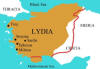 Kaart van Lydi. Het bruine gedeelte is het gebied in de 6e eeuw v.Chr. en de rode lijn de Romeinse provincie